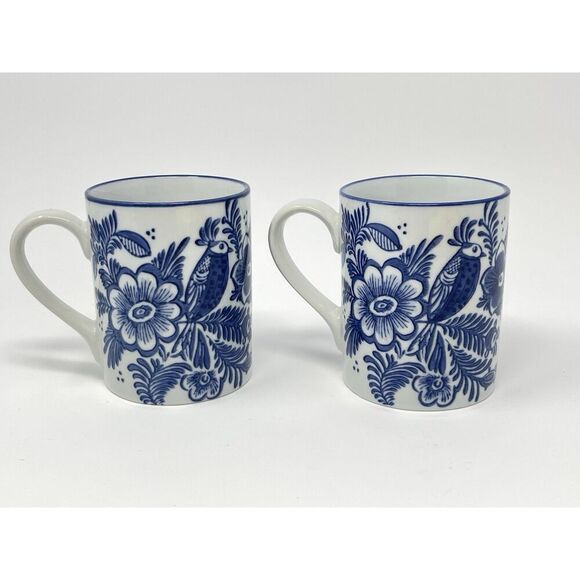 Pottery Barn Elsie Mugs Coffee Cup Blue White Bird Discontinued Rare Set Of 2 - Picture 3 of 8